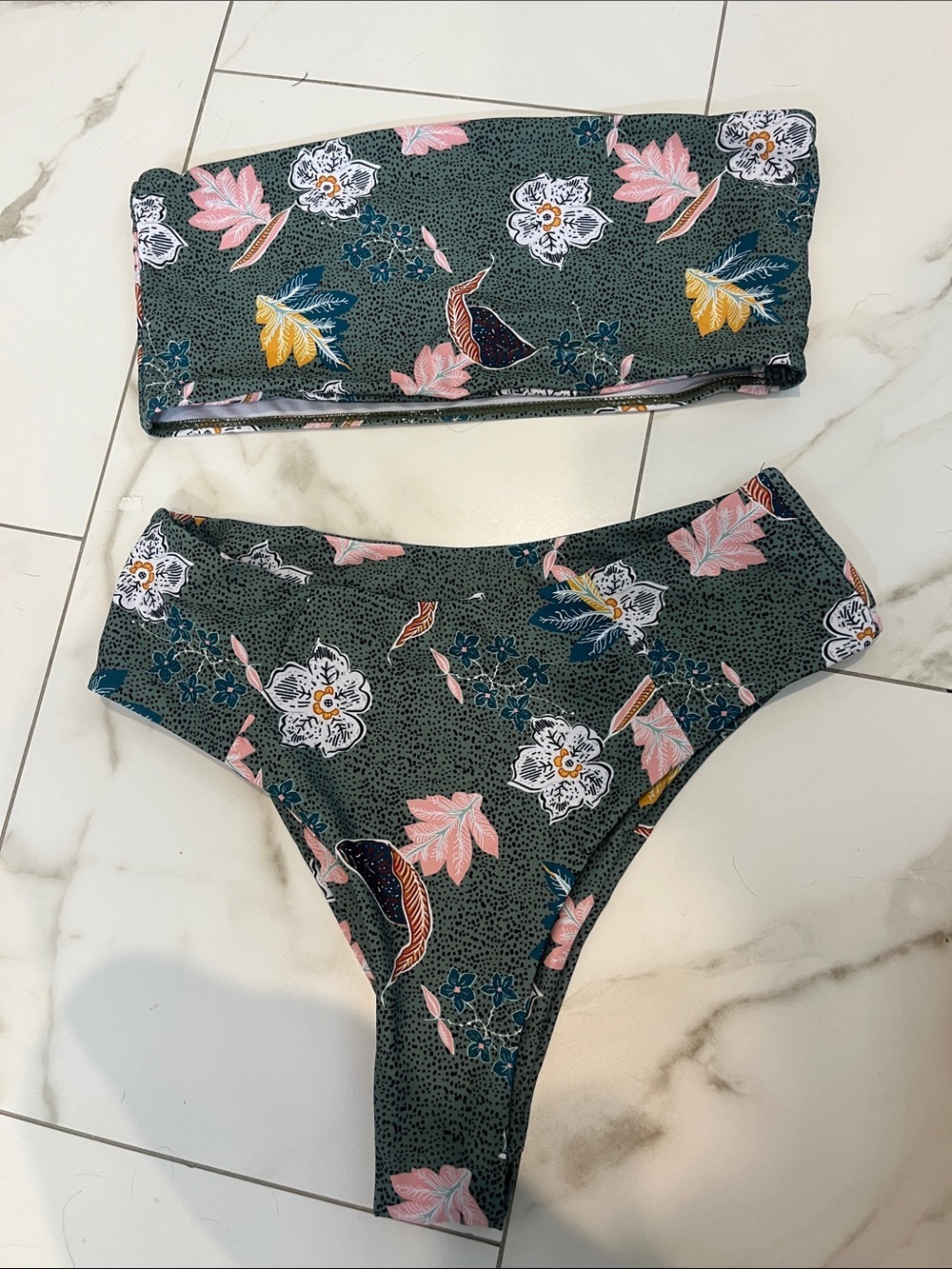 Floral Bandeau Bikini Set - Green with Pink & Yellow Accents